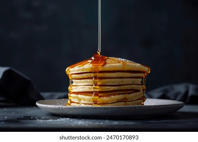 Stack of fluffy pancakes with maple syrup cascading down the sides.