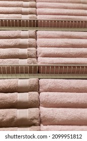 Stack of fluffy towels in store. Background