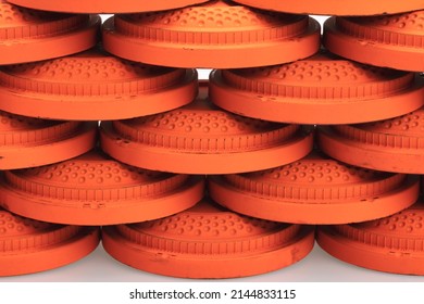 Stack Of Flying Clay Pigeon Targets On White Background , Gun Shooting Game