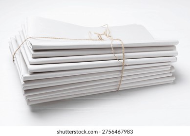 Stack of folded newspapers on white wooden table, closeup