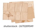 Stack of Folded Old Papers on White Background. Brown stained folded parchment vintage paper sheet with space for text. Aged papers sheets pile, top view
