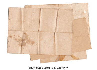Stack of Folded Old Papers on White Background. Brown stained folded parchment vintage paper sheet with space for text. Aged papers sheets pile, top view