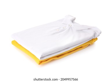 Stack Of Folded Polo Shirts On White Background