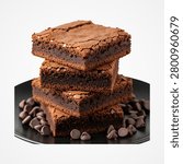 Stack of four chocolate brownies with chocolate chips on black plate, slightly different angle