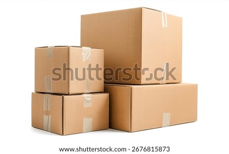 A stack of four closed cardboard boxes with tape.