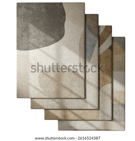 A stack of four different colored rugs. The rugs are all different colors and patterns. The rugs are arranged in a way that they are all facing the same direction