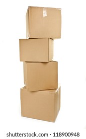 Stack of four large cardboard moving boxes isolated on white