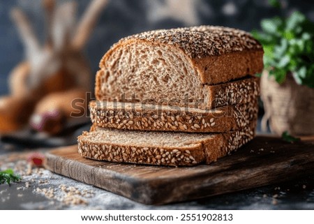 A stack of four slices of freshly baked multigrain bread with sesame seeds on a wooden cutting board.