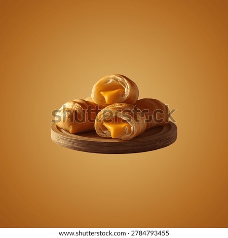 Stack of fresh baked pastry rolls with melting cheese filling on wooden platter baked goods comfort food snack food
