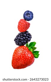 Stack of fresh berries isolated on white background: strawberry, blackberry, raspberry, and blueberry
