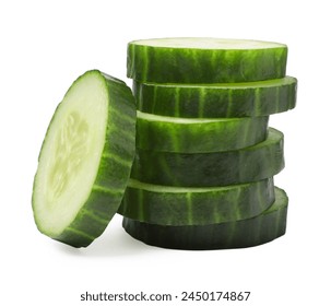 Stack of fresh cut cucumber isolated on white