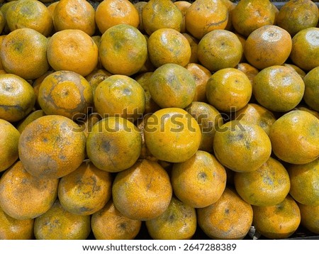 A stack of fresh Medan oranges arranged neatly on a fruit store shelf. Traditional Indonesian citrus fruit known for its sweet and tangy flavor. Healthy organic produce rich in vitamin C and antiox