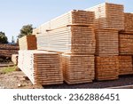 Stack of fresh pine boards in a sawmill warehouse. Harvesting, sale of lumber for construction	
