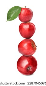 Stack of fresh ripe red apples on white background