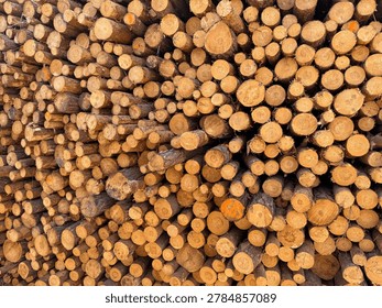 Stack of freshly cut logs close-up, wood texture at a sawmill
