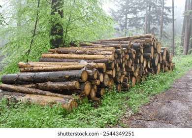 A stack of freshly cut logs in a misty forest, surrounded by lush greenery. The damp atmosphere and earthy textures create a natural, serene woodland scene. - Powered by Shutterstock