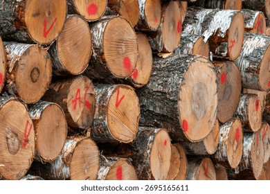 Stack of freshly cut logs with red markings, timber industry and forestry management concept, natural wood texture and sustainable resources