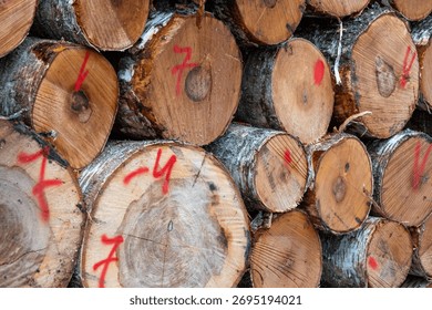 Stack of freshly cut logs with red markings, timber industry and forestry management concept, natural wood texture and sustainable resources