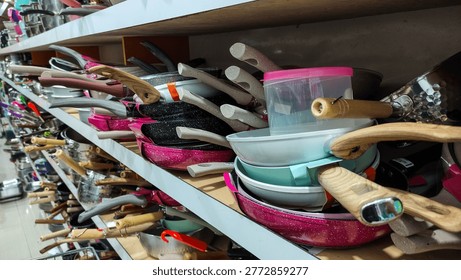 Stack of Frying Pans on Retail Shelf