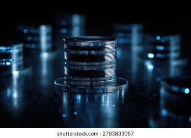 A stack of futuristic digital data storage devices in a dark, abstract environment with blue glowing lights.