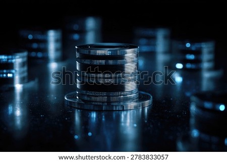 A stack of futuristic digital data storage devices in a dark, abstract environment with blue glowing lights.