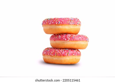 Stack of glazed donuts with pink icing. Isolated on white background. Copy space - Powered by Shutterstock