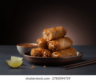 A stack of golden brown fried spring rolls served on a ceramic plate with sweet chili dipping sauce, lime wedges, and chopsticks on a dark table.