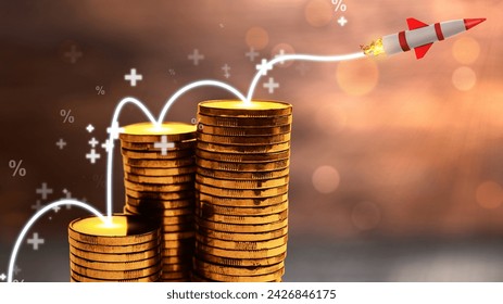 Stack of golden coins with increased graph arrow on the flying rocket. Investment concept