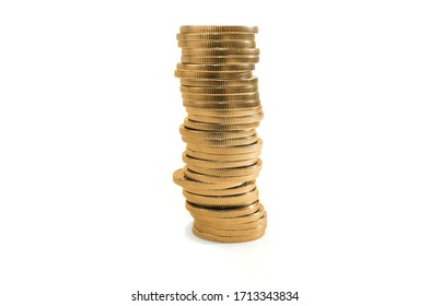 stack of golden coins isolated on white background. Copy space.