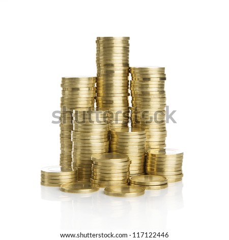 Stack of golden coins isolated on white background