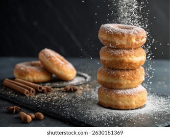 Pila de rosquillas doradas espolvoreadas con azúcar en polvo, pizarra rústica con especias, evocando calidez, indulgencia y bondad casera.