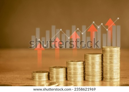 up stack of golden money coin with graph and red up arrow. Business and financial background concept.