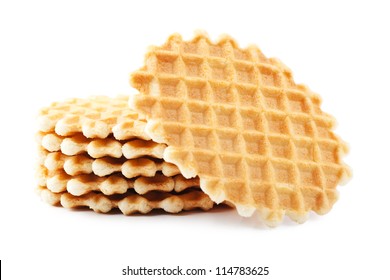 A Stack Of Golden Round Waffles Isolated Over White Background.