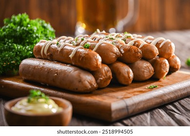 A stack of grilled sausages drizzled with creamy mayonnaise, garnished with fresh parsley. The juicy sausages are arranged beautifully on a wooden board, showcasing their smoky flavo