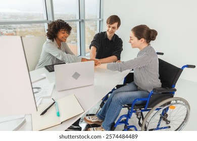 Stack of hands. Business startup teamwork unity concept. Top view of diverse multiracial business people putting hands together. Business colleagues during work process rejoice in success of company