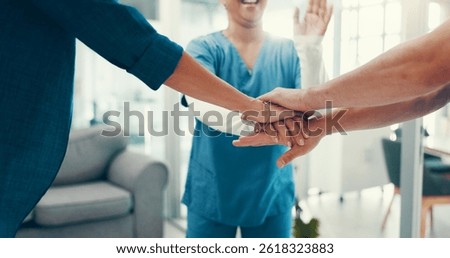 Stack of hands, celebration and doctor with nurses in hospital for collaboration, achievement or support. Medical partnership, synergy and group of healthcare workers with community in clinic.