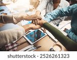 Stack hands, group and business people with success celebrate goal or target. Teamwork, win and workers huddle together for sales results, support or collaboration in startup meeting in cafe closeup