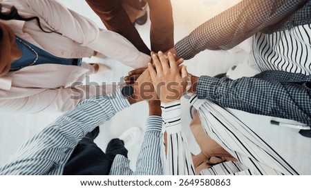Stack of hands, support and business people in office with teamwork, collaboration or unity. Trust, top view and group of corporate employees in huddle for solidarity, motivation or meeting together.
