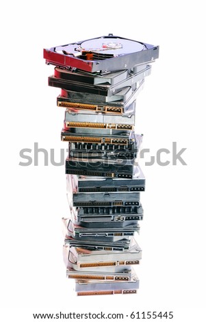 Stack of hard drives on the white background
