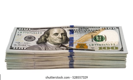 Stack Of Hundred Dollar Cash Banknotes Isolated With Focus On The Bottom 100s