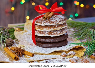 Stack of iced and chocolate-dipped gingerbread cookies tied with red ribbon and topped with cinnamon sticks. Festive holiday decorations - Powered by Shutterstock