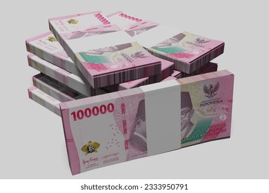 Stack of Indonesian Rupiah notes. 3D Rendering of Bundles of Indonesian currency notes on white background