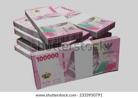 Stack of Indonesian Rupiah notes. 3D Rendering of Bundles of Indonesian currency notes on white background