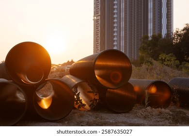 a stack of large pipes arranged at a construction site, with the setting sun casting light on them. Tall buildings can be seen in the background, and some plants are growing around the pipes.