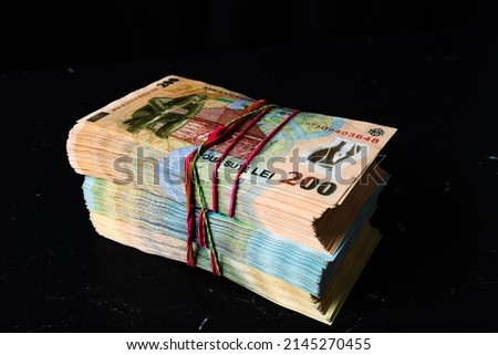Stack of LEI Romanian money. RON Leu Money European Currency