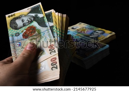 Stack of LEI Romanian money. RON Leu Money European Currency