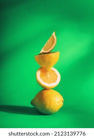 A Stack Of Lemons, On A Green Background, Vertical, No People, Food Background,