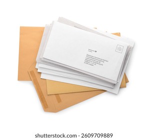 Stack of letters on white background