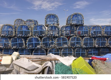 Stack of lobster pot and material for the industrial fishing at Le Croisic, a commune in the Loire-Atlantique department in western France