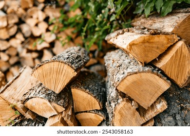 Stack of logs and firewood in front of wooden wall, rustic outdoor decor concept - Powered by Shutterstock